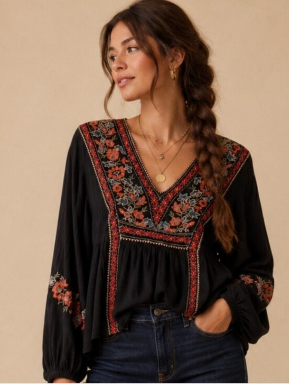 American Eagle Embroidered Boho Peplum Top Medium EUC